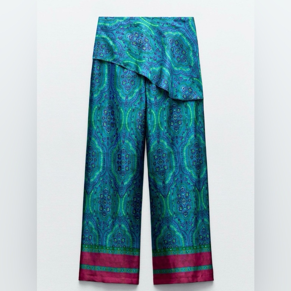 NWT Zara Paisley Printed Satin Effect Wrap Front Pants - Wide Leg - Size L